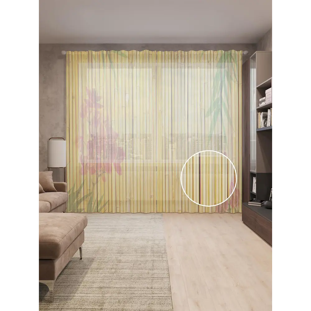 Фото Тюль на шторной ленте Цветущее бамбуковое заграждение 310х265 см рисунок растительный цвет желтый