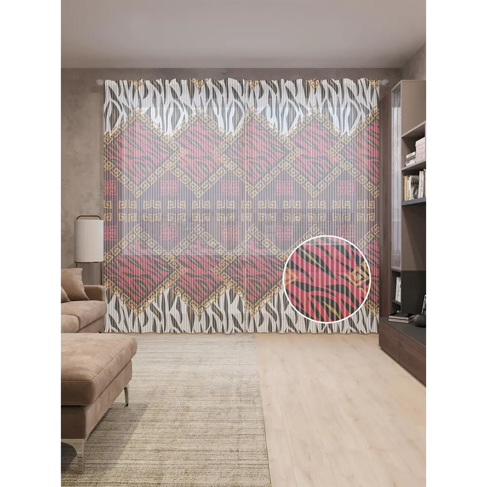 Фото Тюль на шторной ленте Сочетание дикости 310х265 см рисунок вензель цвет коричневый Фото Тюль на шторной ленте Сочетание дикости 310х265 см рисунок вензель цвет коричневый