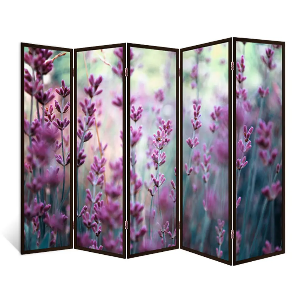 Фото Ширма перегородка для комнаты деревянная "Потерянные в Лаванде" двухсторонняя с картинкой (природа) 5 створок венге 176х230 см 18 кг