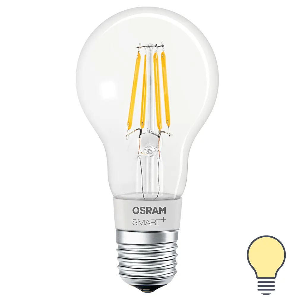 Фото Лампа умная светодиодная Osram Smart Plus E27 220-240 В 5.5 Вт груша прозрачная 650 лм, теплый белый свет Фото Лампа умная светодиодная Osram Smart Plus E27 220-240 В 5.5 Вт груша прозрачная 650 лм, теплый белый свет