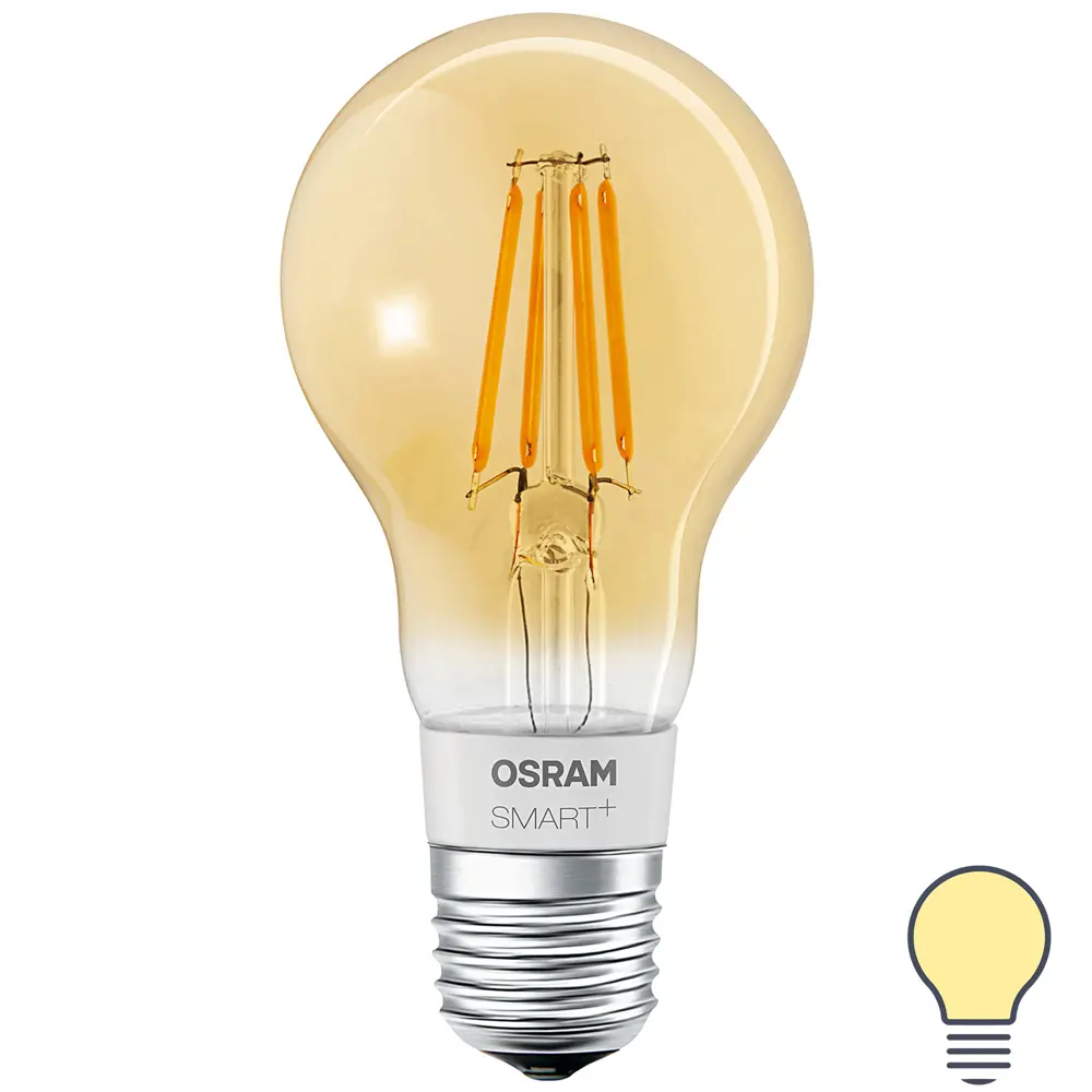 Фото Лампа умная светодиодная Osram Smart Plus E27 220-240 В 5.5 Вт груша золотистая 600 лм, теплый белый свет Фото Лампа умная светодиодная Osram Smart Plus E27 220-240 В 5.5 Вт груша золотистая 600 лм, теплый белый свет