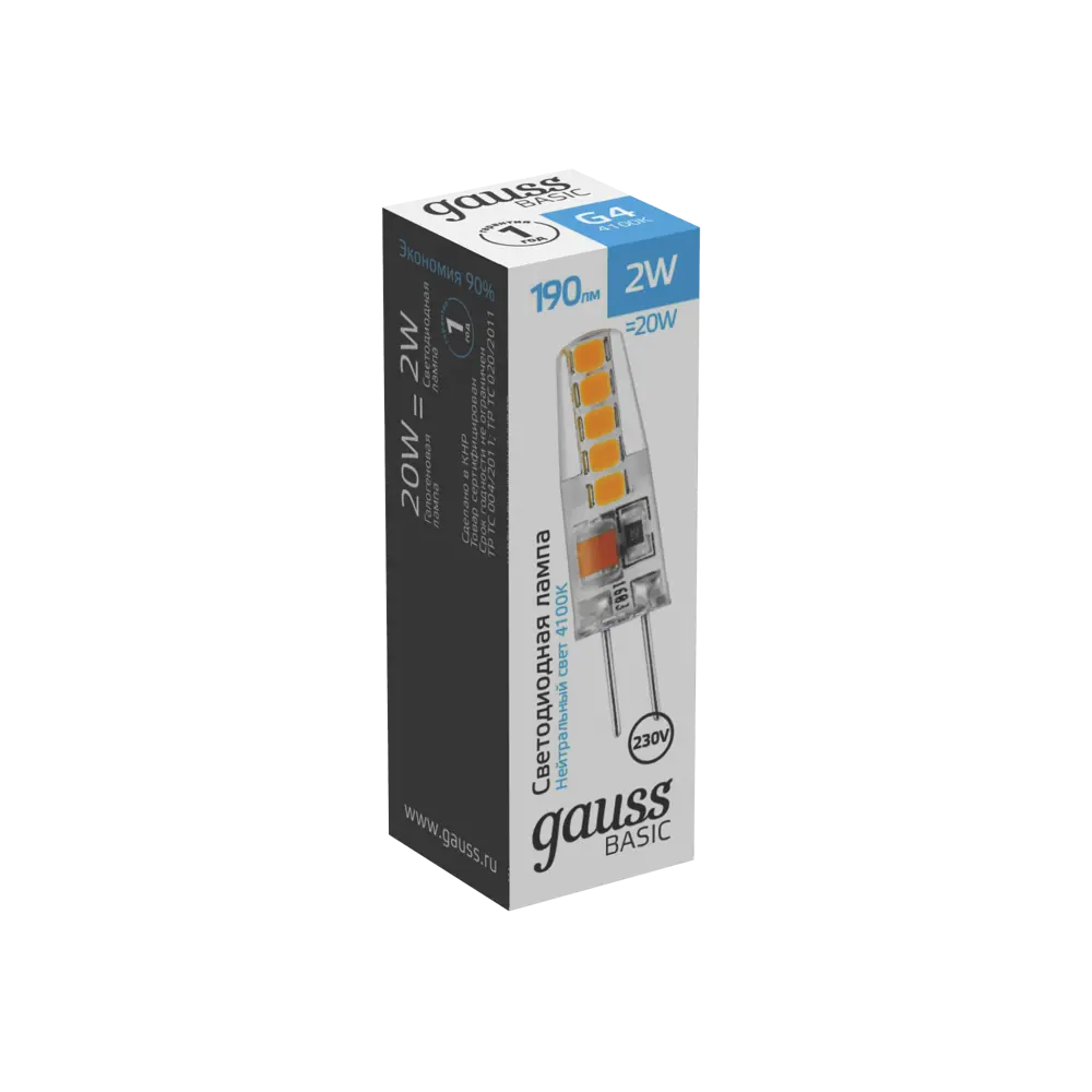 Фото 4 Лампа светодиодная Gauss Basic G4 220-240 В 2 Вт карандаш 190 лм, нейтральный белый свет Фото 4 Лампа светодиодная Gauss Basic G4 220-240 В 2 Вт карандаш 190 лм, нейтральный белый свет