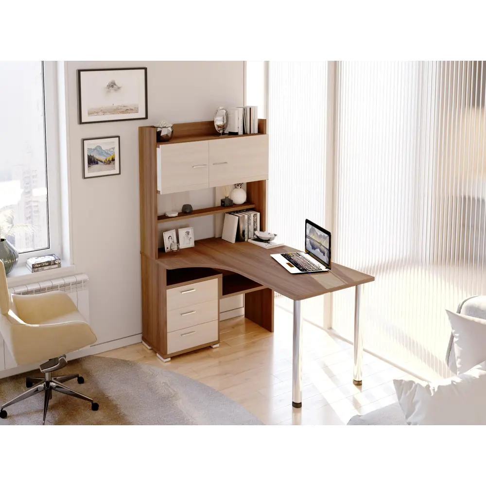 Фото 4 Компьютерный стол Мэрдэс Ср-133-130 кв-лев 101x130x175 см ЛДСП цвет венге, бежево-белый Фото 4 Компьютерный стол Мэрдэс Ср-133-130 кв-лев 101x130x175 см ЛДСП цвет венге, бежево-белый