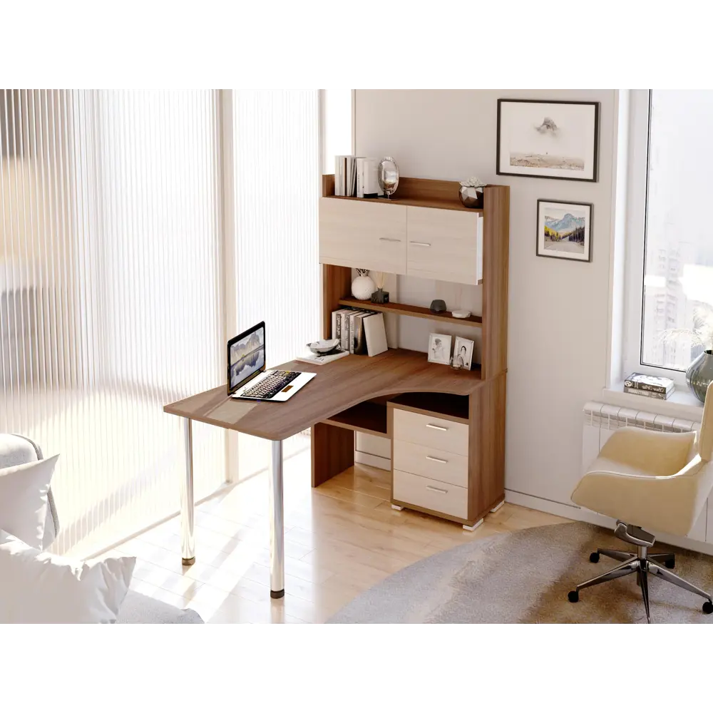 Фото 4 Компьютерный стол Мэрдэс Ср-133-140 шбе-ч-прав 101x140x175 см ЛДСП цвет коричневый, белый жемчуг