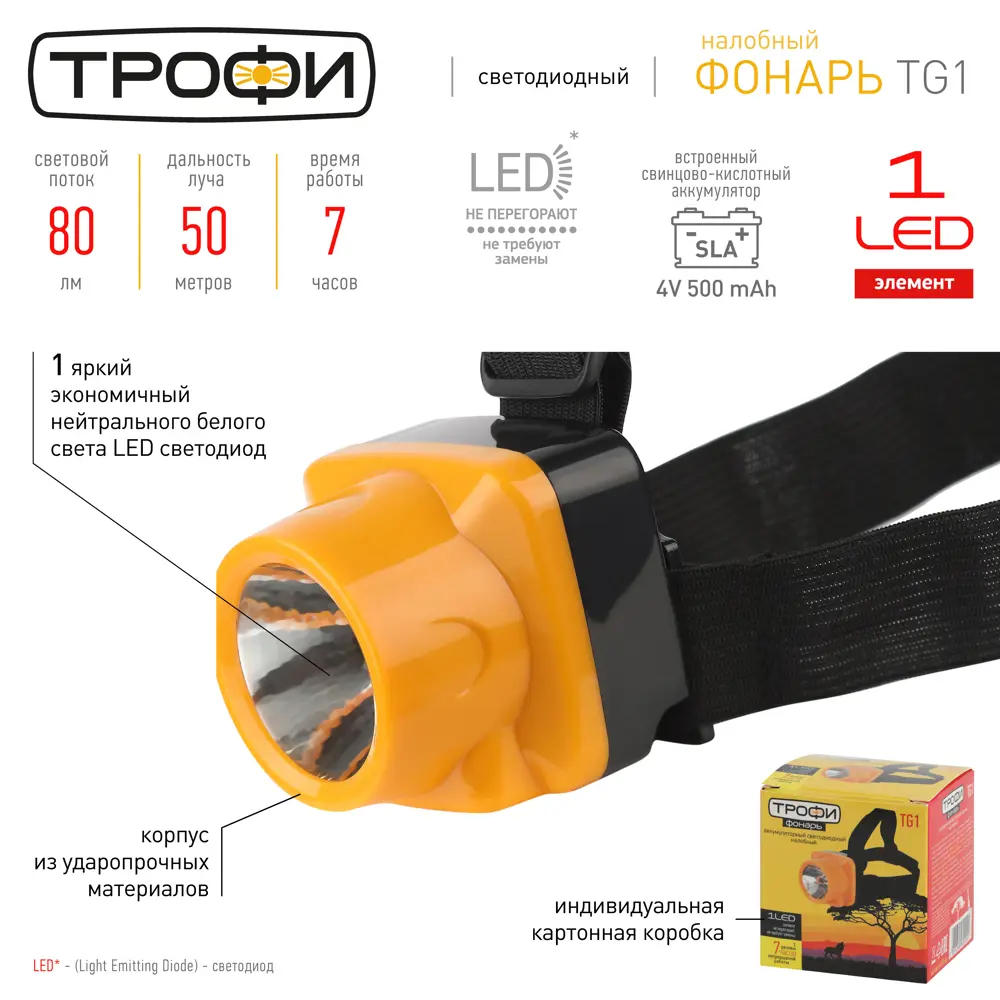 Фото Фонарь налобный Трофи TG1 кемпинговый Фото Фонарь налобный Трофи TG1 кемпинговый