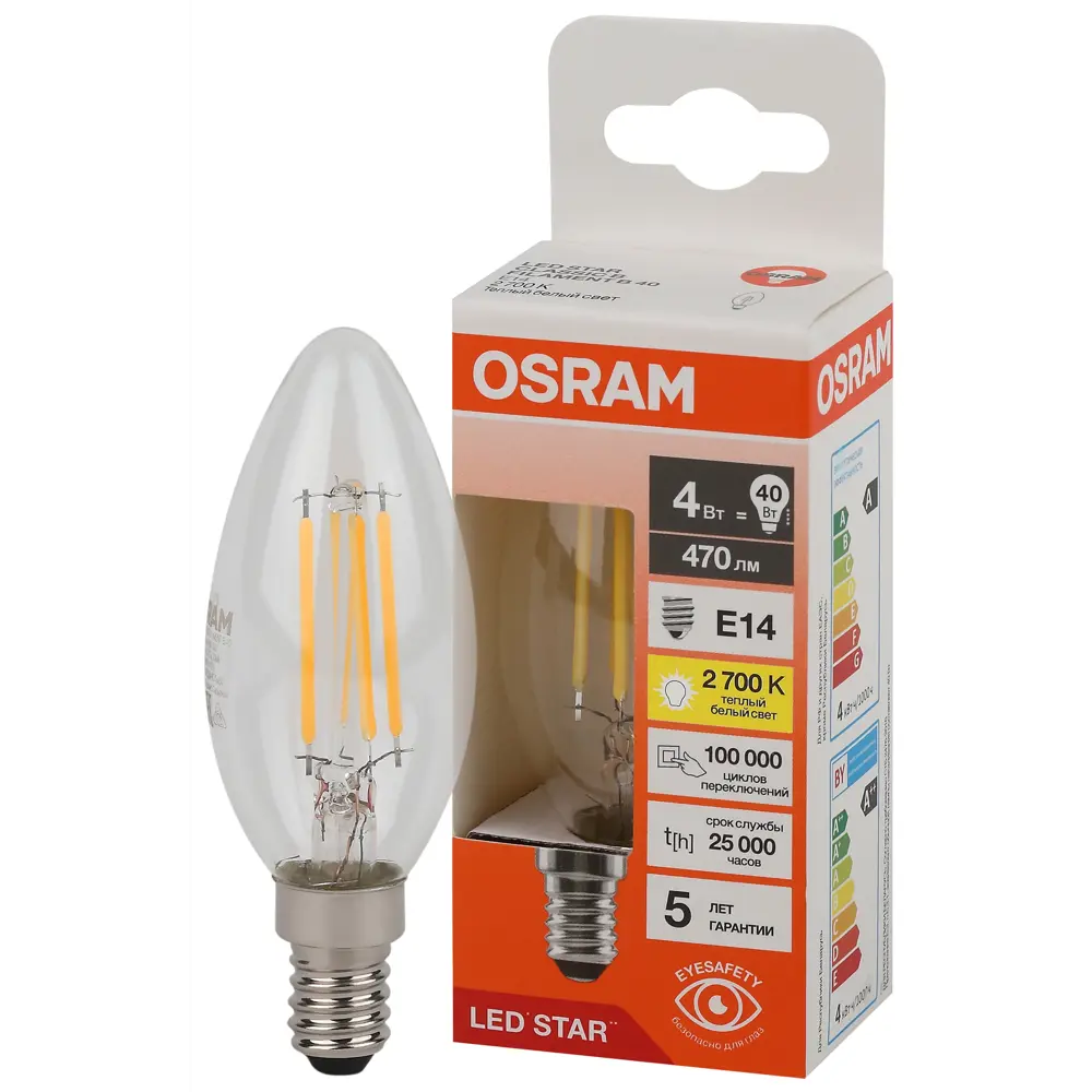 Фото Набор ламп Osram Filament 4058075683884 E14 220-240 В 4 Вт свеча 470 Лм желтый свет 10 шт Фото Набор ламп Osram Filament 4058075683884 E14 220-240 В 4 Вт свеча 470 Лм желтый свет 10 шт