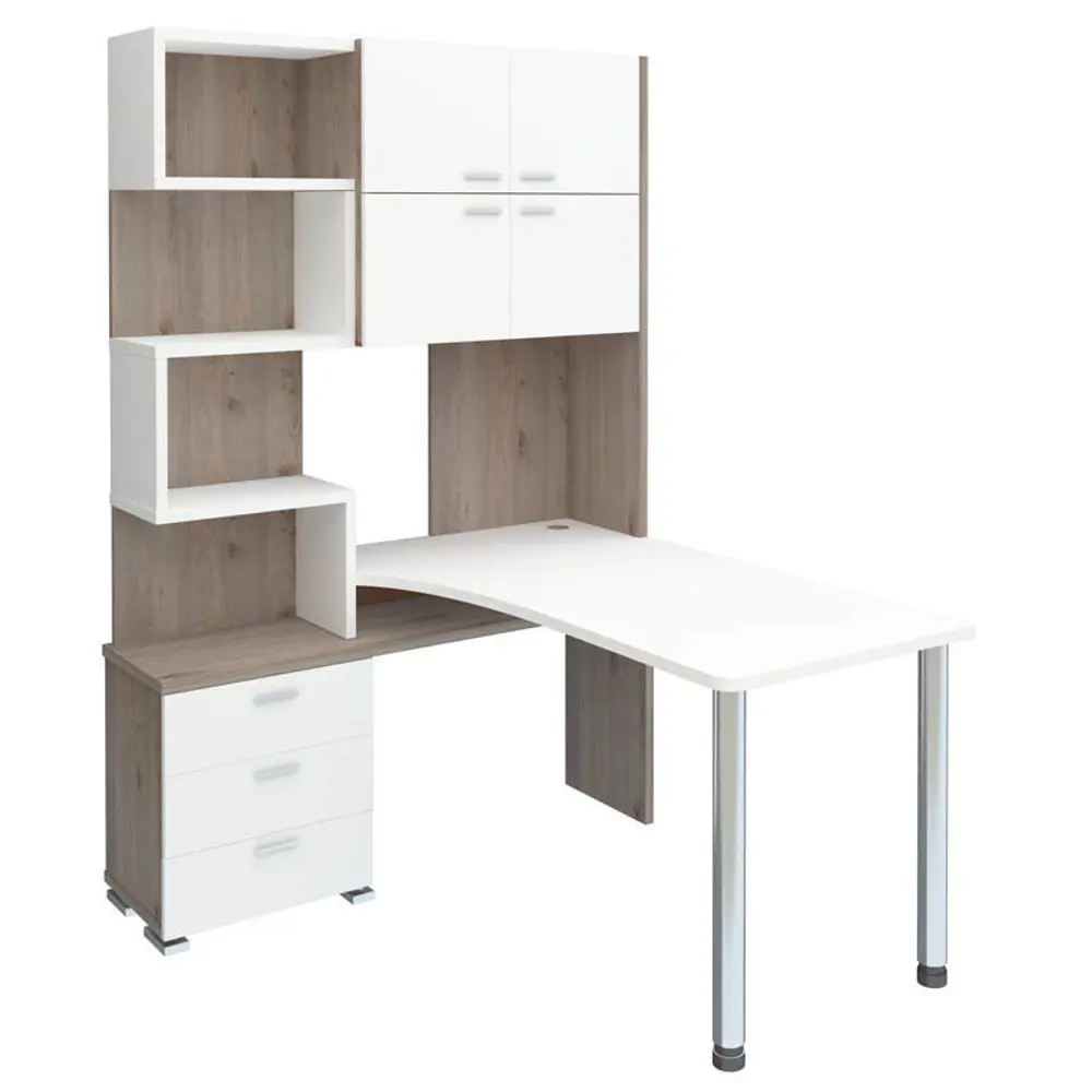 Фото Компьютерный стол Мэрдэс Ср-500м/140 нбебе-лев 130x140x199 см ЛДСП цвет серый дуб, белый жемчуг Фото Компьютерный стол Мэрдэс Ср-500м/140 нбебе-лев 130x140x199 см ЛДСП цвет серый дуб, белый жемчуг