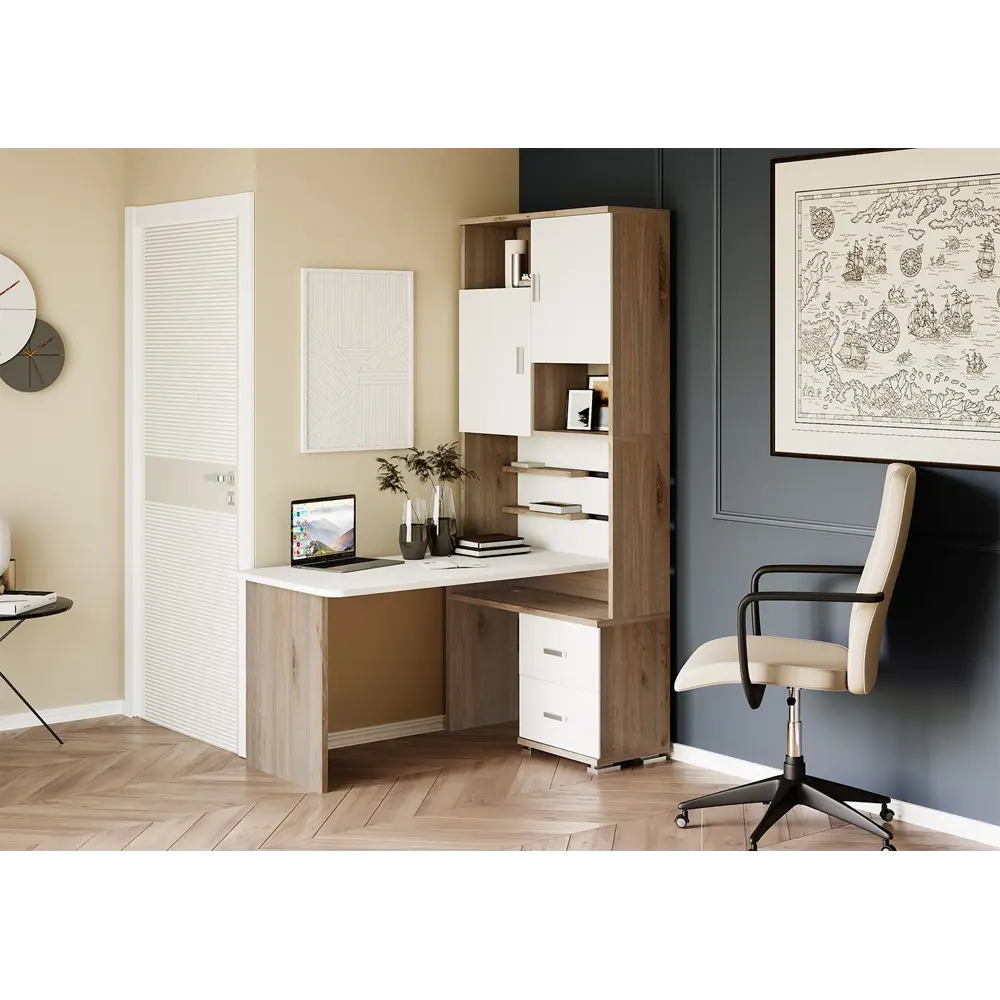 Фото 4 Компьютерный стол Мэрдэс Ср-720/140 нбебе-прав 96x140x216 см ЛДСП цвет серый дуб, белый жемчуг Фото 4 Компьютерный стол Мэрдэс Ср-720/140 нбебе-прав 96x140x216 см ЛДСП цвет серый дуб, белый жемчуг