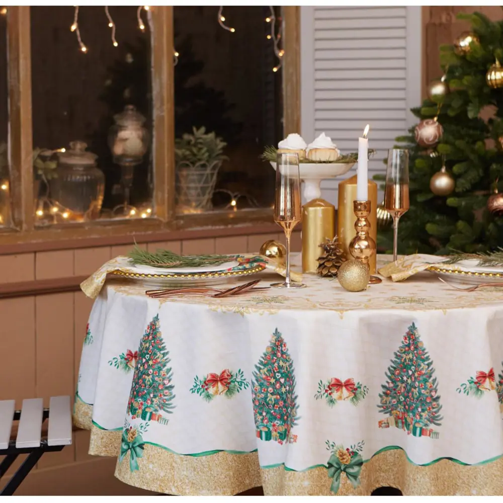 Фото Скатерть Этель Golden Christmas 150x150см круг цвет зеленый Фото Скатерть Этель Golden Christmas 150x150см круг цвет зеленый