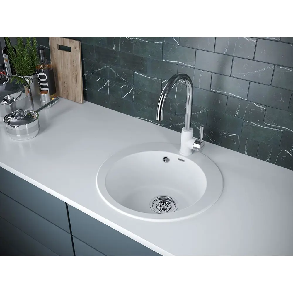 Фото 2 Кухонная мойка Paulmark PM404800-WH Gelegen 48x48x19 см кварц цвет белый Фото 2 Кухонная мойка Paulmark PM404800-WH Gelegen 48x48x19 см кварц цвет белый