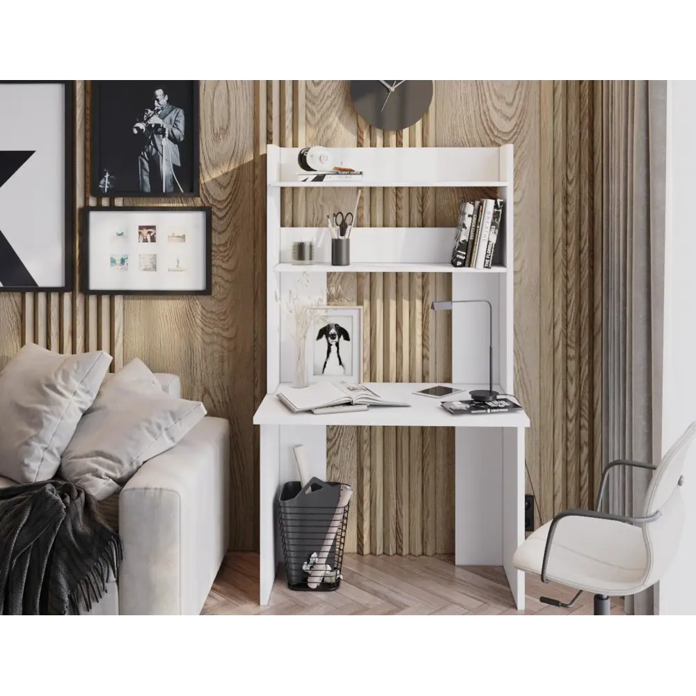 Фото 3 Компьютерный стол Мэрдэс Скл-прям100(без тумбы)+нклx-100 кк 100x179x60 см ЛДСП цвет бежево-белый