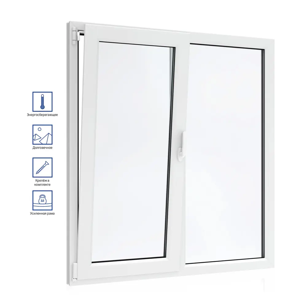 Фото Пластиковое Окно ПВХ VEKA WHS 60 двухстворчатое ширина 140 х высота 140 см правое глухое левое поворотно откидное с ручкой однокамерный стеклопакет