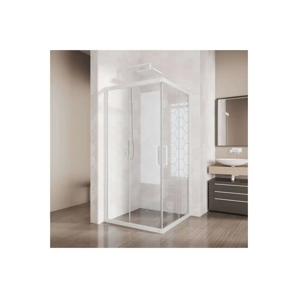 Фото Душевой уголок Creto 128-DEO-90-90-200-CLN-6WHT квадрат 90x90см белый профиль эффект стекла прозрачный Фото Душевой уголок Creto 128-DEO-90-90-200-CLN-6WHT квадрат 90x90см белый профиль эффект стекла прозрачный