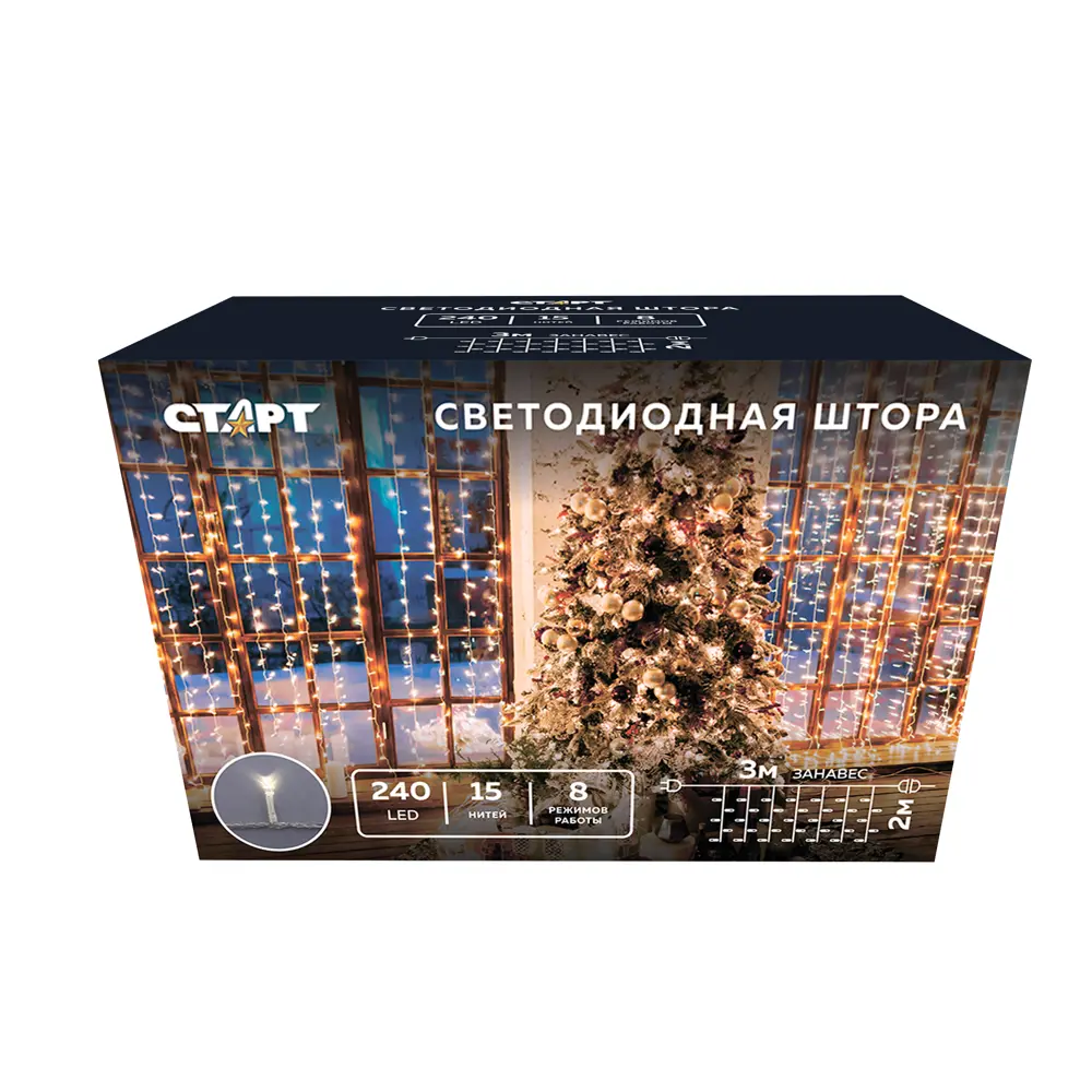 Фото 4 Электрогирлянда универсальная Старт старт нг 240led 220v 8 реж 3x2м занавес занавес 3 x 3 м 240 ламп белый 8 режимов работы Фото 4 Электрогирлянда универсальная Старт старт нг 240led 220v 8 реж 3x2м занавес занавес 3 x 3 м 240 ламп белый 8 режимов работы