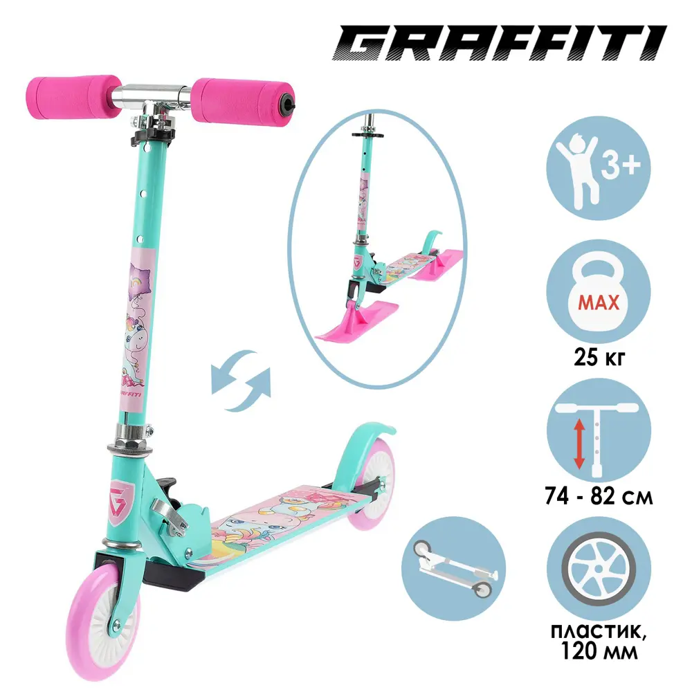 Фото Самокат-Снегокат Graffiti Street Sport зимний 2 в 1 Пони цвет бирюзовый Фото Самокат-Снегокат Graffiti Street Sport зимний 2 в 1 Пони цвет бирюзовый
