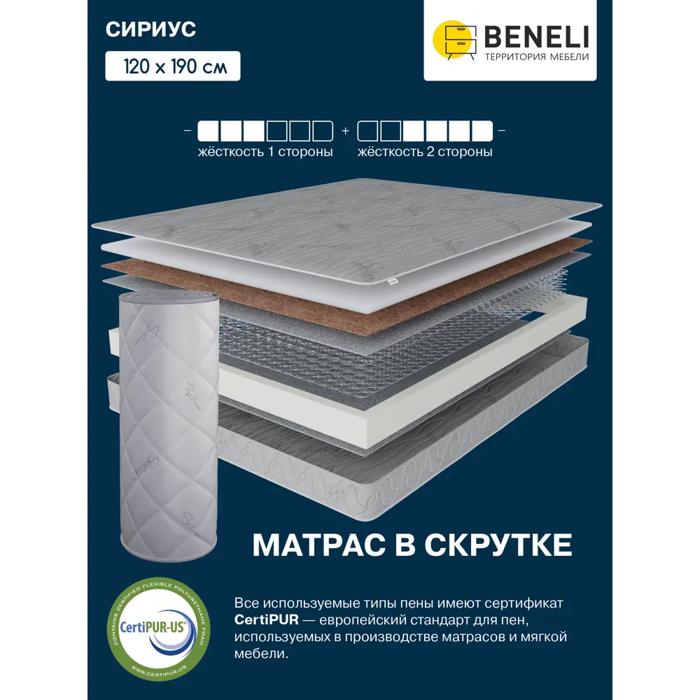 Фото 2 Матрас BENELI Сириус 120х190 см зависимый пружинный блок Фото 2 Матрас BENELI Сириус 120х190 см зависимый пружинный блок