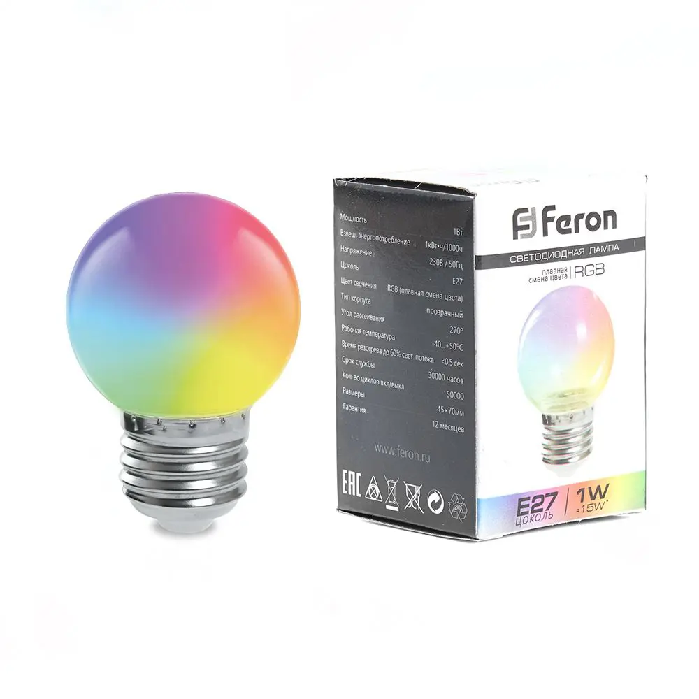 Фото 2 Лампа светодиодная Feron E27 LB-37 220 В 1 Вт шар регулируемый цвет света RGB Фото 2 Лампа светодиодная Feron E27 LB-37 220 В 1 Вт шар регулируемый цвет света RGB