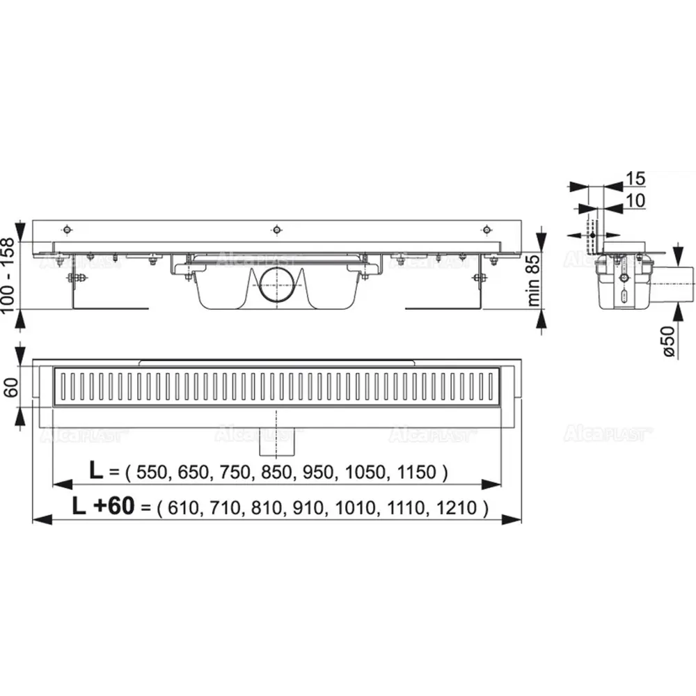 Фото 2 Трап для душа Alcaplast APZ4 550 Flexible мокрый затвор 120x610 мм полипропилен