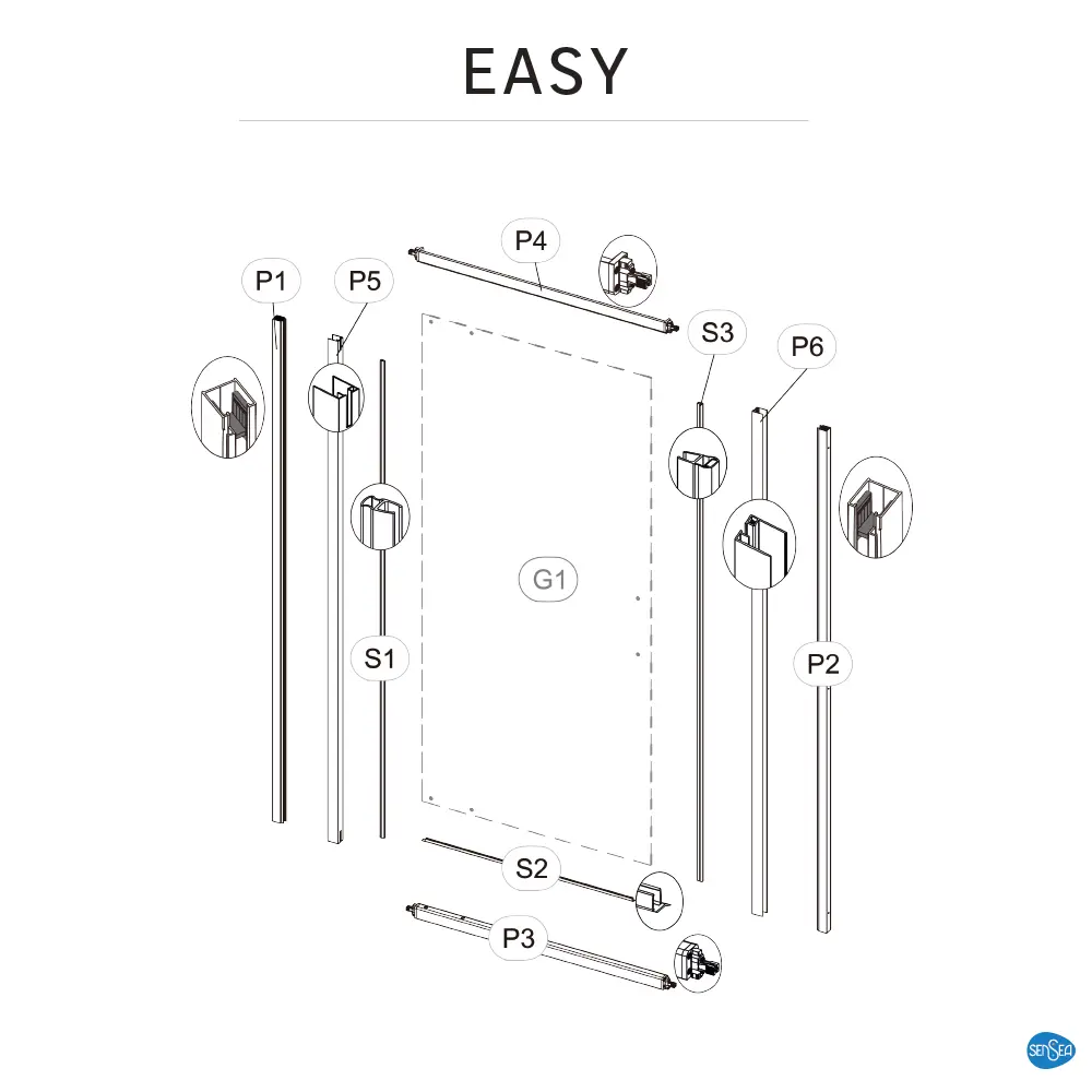 Фото 34 Стекло для распашной душевой двери Sensea Easy 100 см прозрачное, цвет профиля на выбор