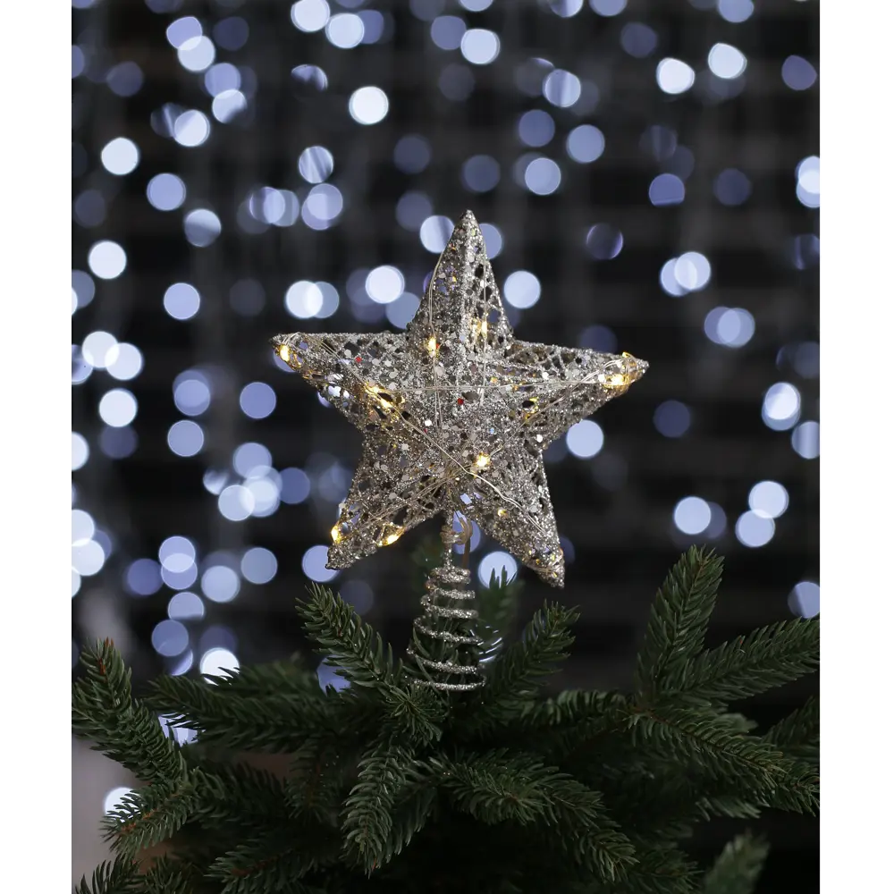 Фото Верхушка на елку Merry green Звезда с диодами h 15 см серый / серебристый