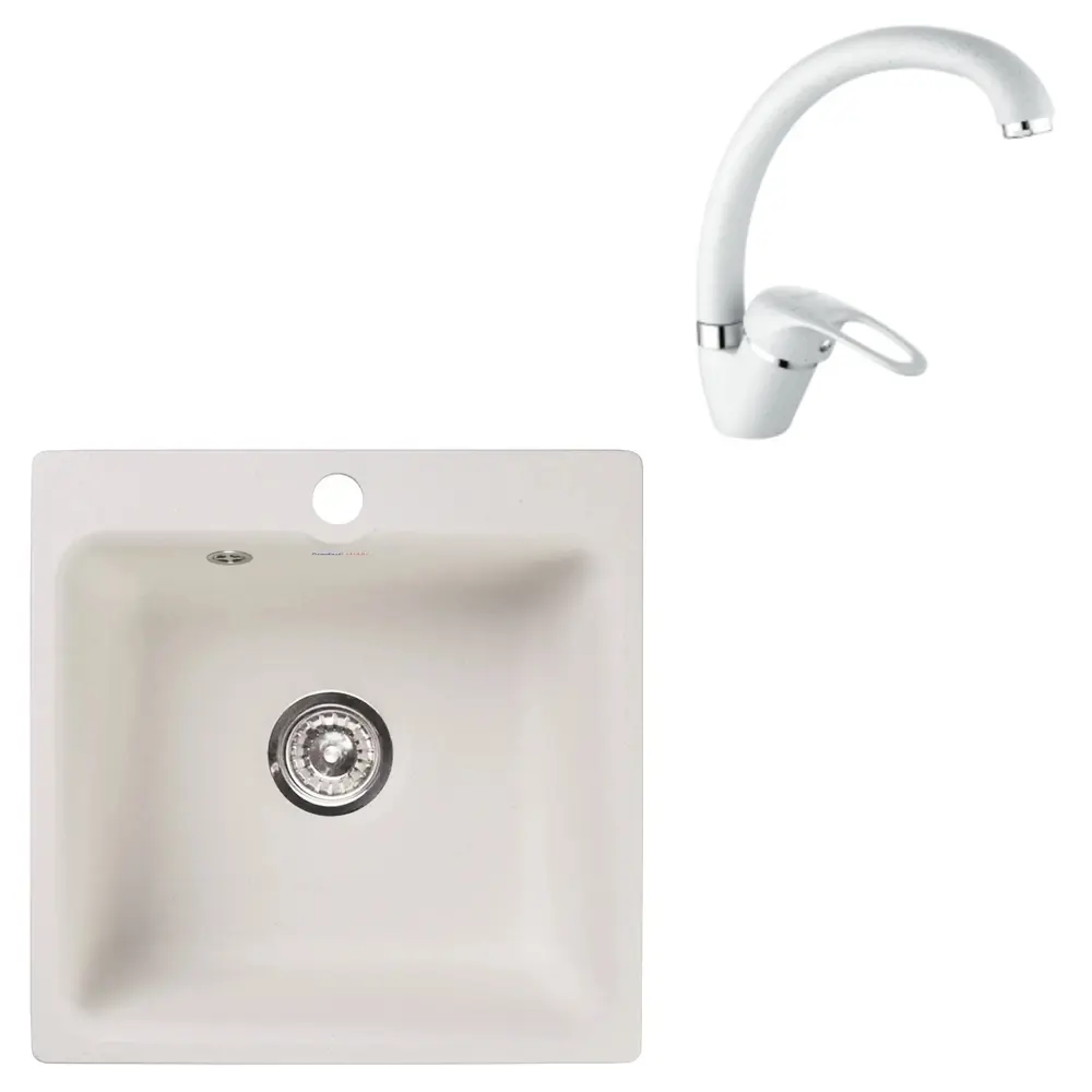 Фото Комплект кухонной мойки и смесителя Granfest 430 белый/D150409-C кварцевый песок цвет белый Фото Комплект кухонной мойки и смесителя Granfest 430 белый/D150409-C кварцевый песок цвет белый