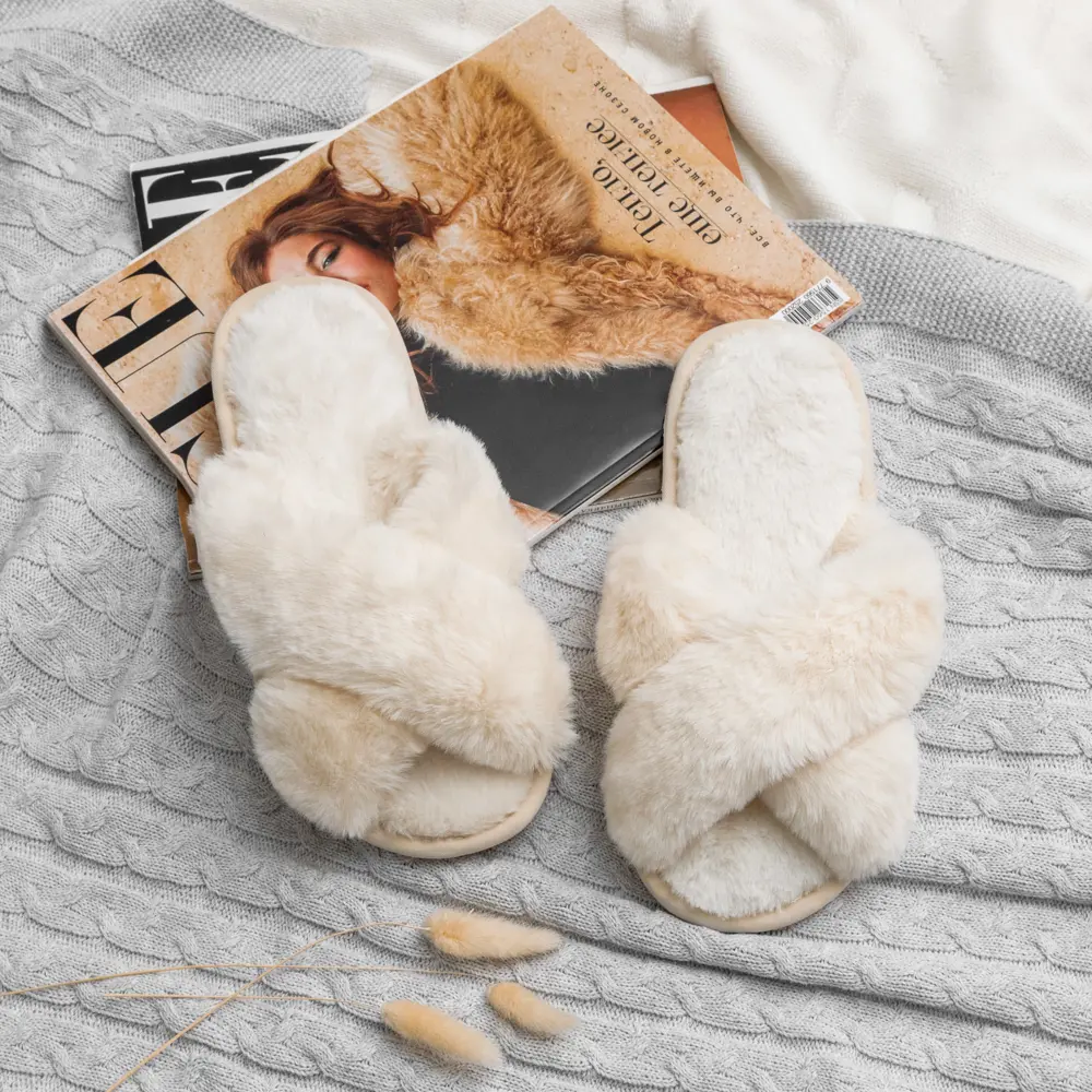 Фото 2 Тапочки Мех крест Amaro Home Bunny открытый нос молочный р.37-38