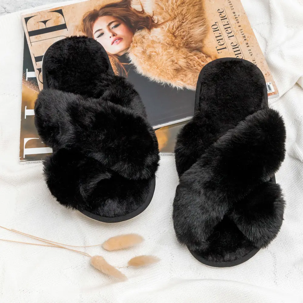 Фото 2 Тапочки Мех крест Amaro Home Bunny открытый нос черный р.39-40 Фото 2 Тапочки Мех крест Amaro Home Bunny открытый нос черный р.39-40