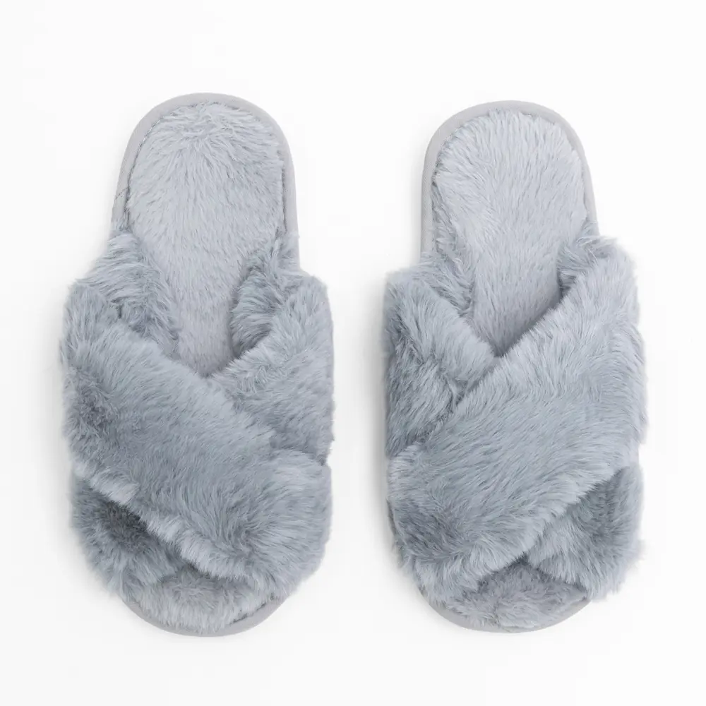 Фото Тапочки Мех крест Amaro Home Bunny открытый нос серый р.39-40 Фото Тапочки Мех крест Amaro Home Bunny открытый нос серый р.39-40