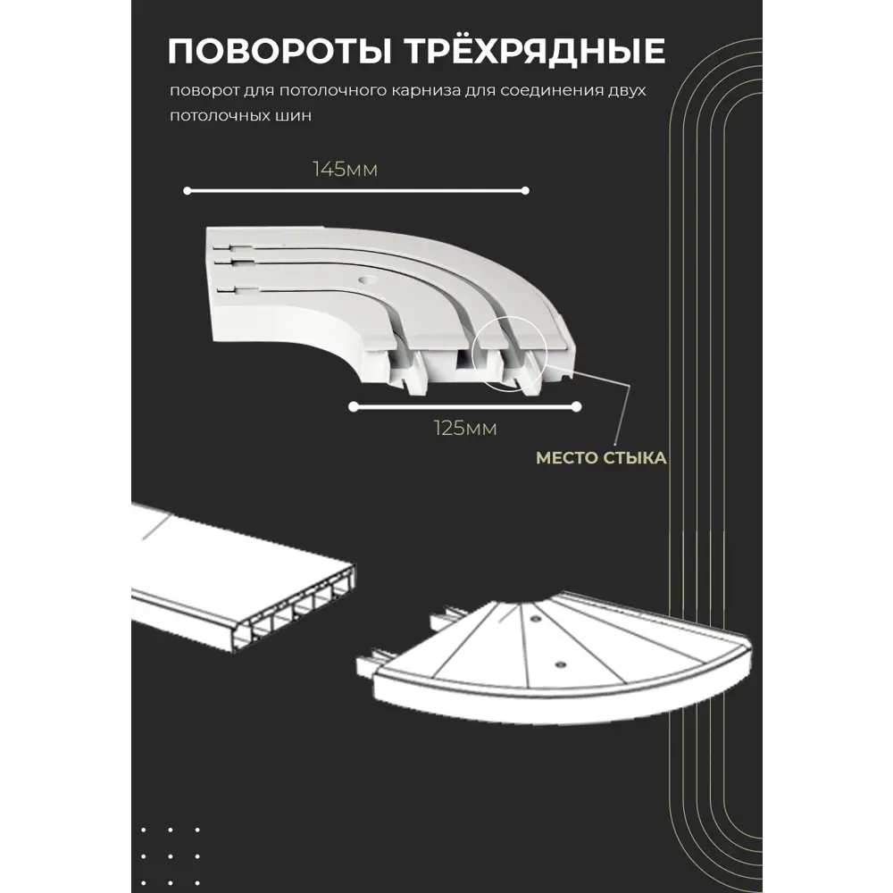 Фото Карниз шинный трехрядный из ПВХ цельный ПоставщикоФФ общая длина 125 см белый, в комплекте с поворотами Фото Карниз шинный трехрядный из ПВХ цельный ПоставщикоФФ общая длина 125 см белый, в комплекте с поворотами