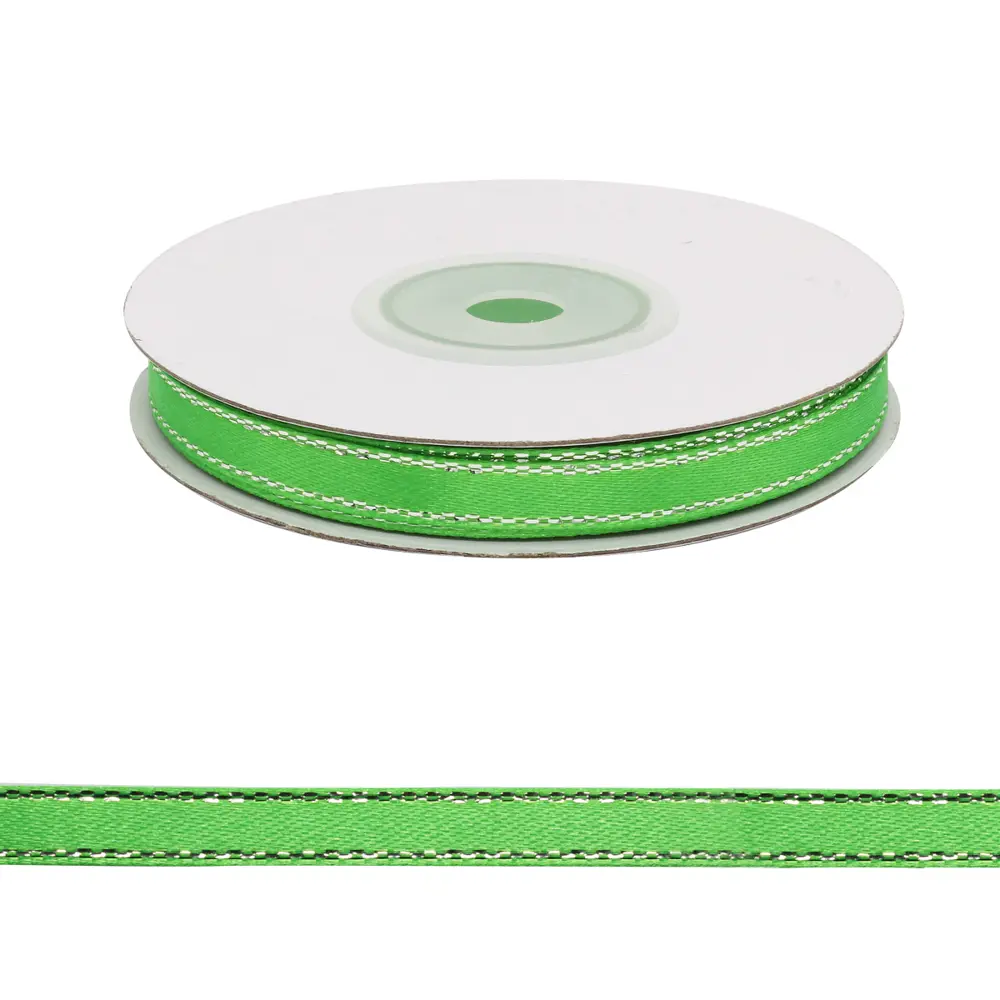 Фото Лента атласная Айрис RB-011 односторонняя 6 мм*22.86м с серебряной нитью 52 зеленый