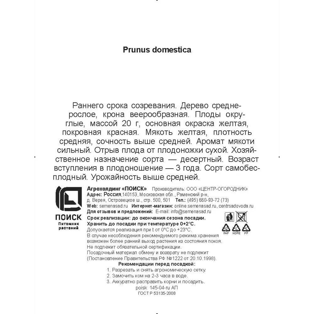 Фото 3 Слива китайская Скороплодная h200 см в сетке Поиск Инвест Фото 3 Слива китайская Скороплодная h200 см в сетке Поиск Инвест