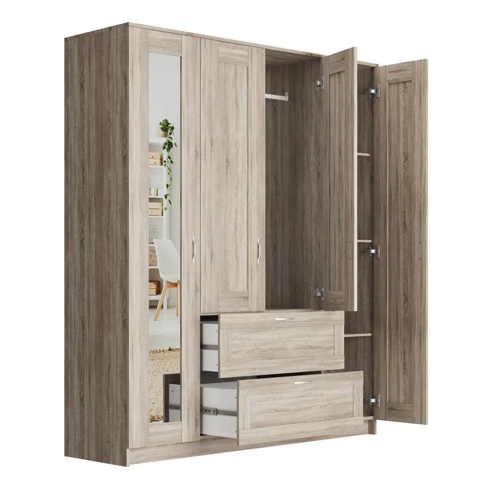 Фото 3 Шкаф для одежды четырехстворчатый 2 ящика 1 зеркало Гуд Лакк Сириус С-2022.3 156x190x50 см ЛДСП цвет дуб сонома Фото 3 Шкаф для одежды четырехстворчатый 2 ящика 1 зеркало Гуд Лакк Сириус С-2022.3 156x190x50 см ЛДСП цвет дуб сонома