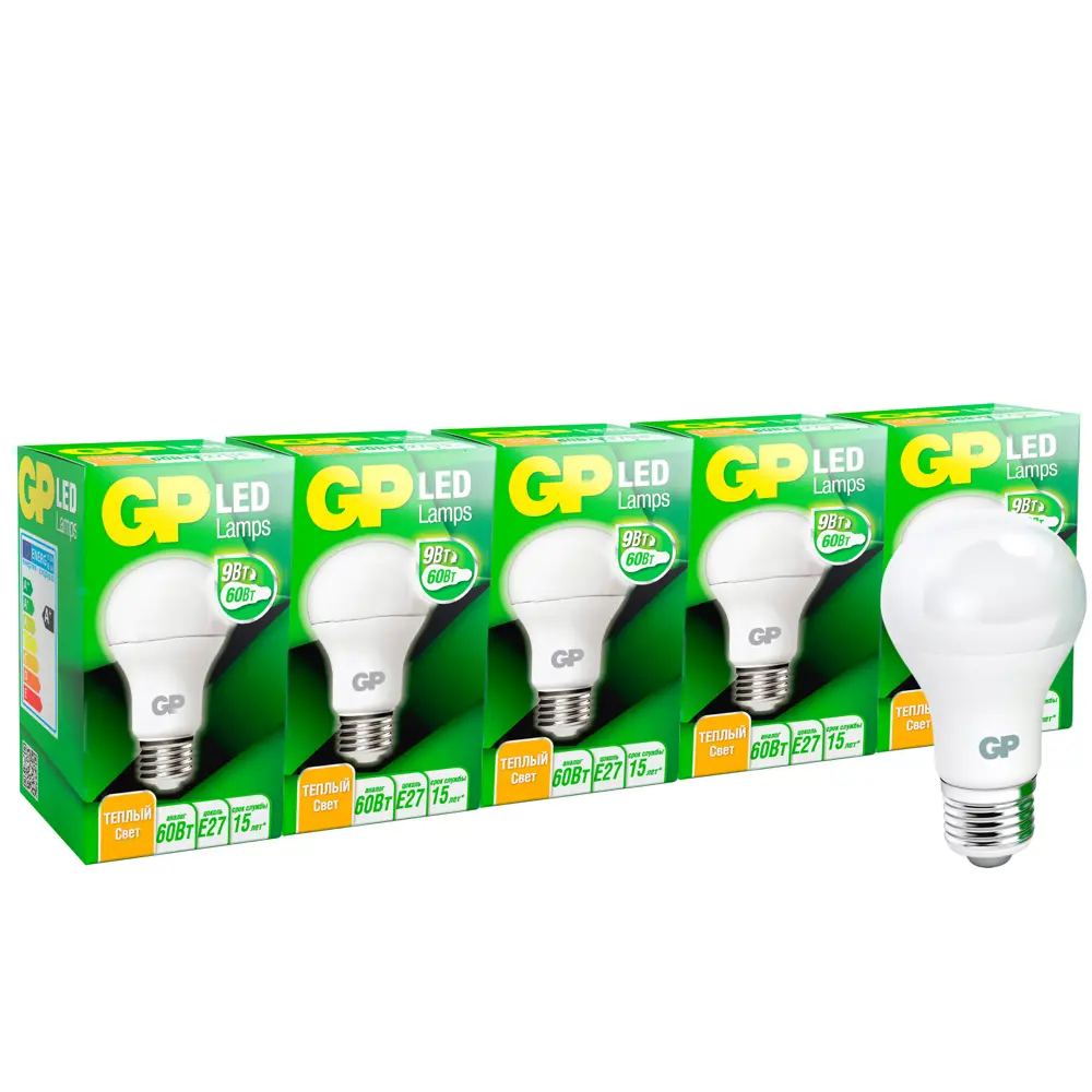 Фото 3 Набор ламп светодиодных GP LEDA60-9WE27-27K-2OS5 E27 220-240 В 9 Вт груша матовая 806 Лм теплый белый свет 5 шт Фото 3 Набор ламп светодиодных GP LEDA60-9WE27-27K-2OS5 E27 220-240 В 9 Вт груша матовая 806 Лм теплый белый свет 5 шт