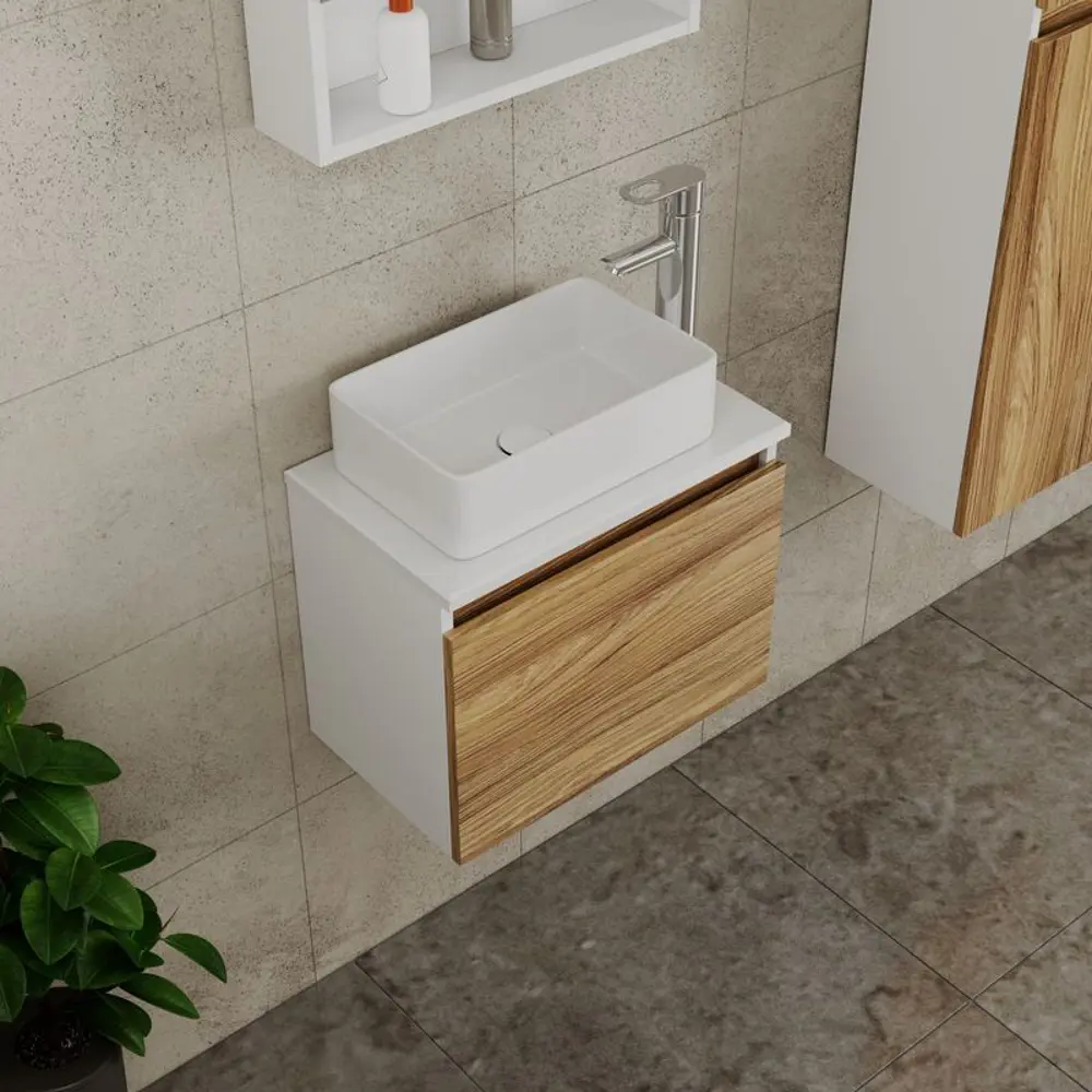 Фото 2 Тумба под раковину подвесная Bauedge BD1269 50см цвет дуб, с раковиной и смесителем Фото 2 Тумба под раковину подвесная Bauedge BD1269 50см цвет дуб, с раковиной и смесителем