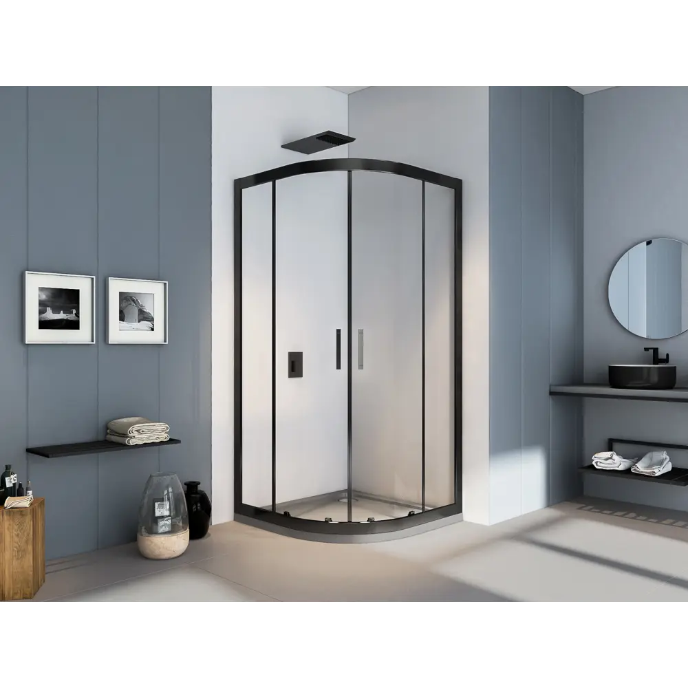 Фото Душевой уголок Makiato R-80-C-B, 1/4 круга 80x80 см черный профиль прозрачное стекло раздвижной Фото Душевой уголок Makiato R-80-C-B, 1/4 круга 80x80 см черный профиль прозрачное стекло раздвижной