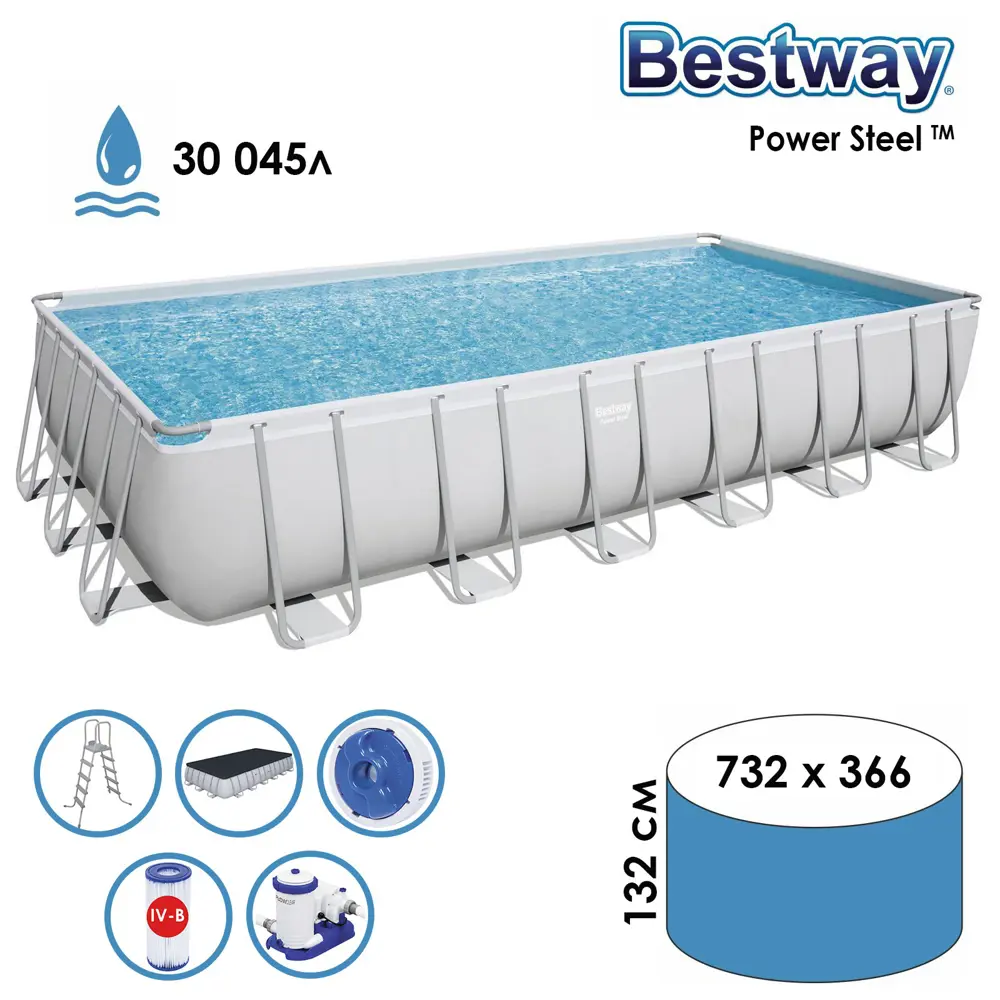 Фото Каркасный бассейн Bestway Power Steel 366x132x732 см цвет серый