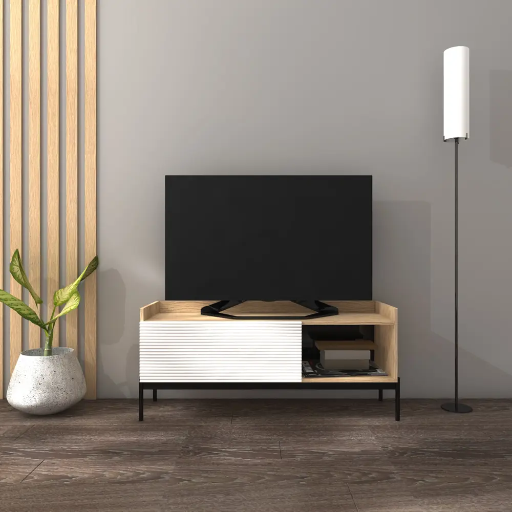 Фото Тумба под телевизор ТГ-02 С/Б 124x52x42 см ЛДСП цвет белый/дуб сонома Фото Тумба под телевизор ТГ-02 С/Б 124x52x42 см ЛДСП цвет белый/дуб сонома