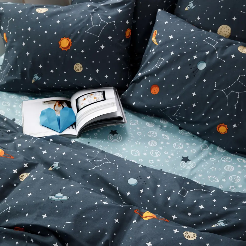 Фото 4 Комплект постельного белья Веселина Планеты двуспальный 2 наволочки 50x70, бязь, разноцветный