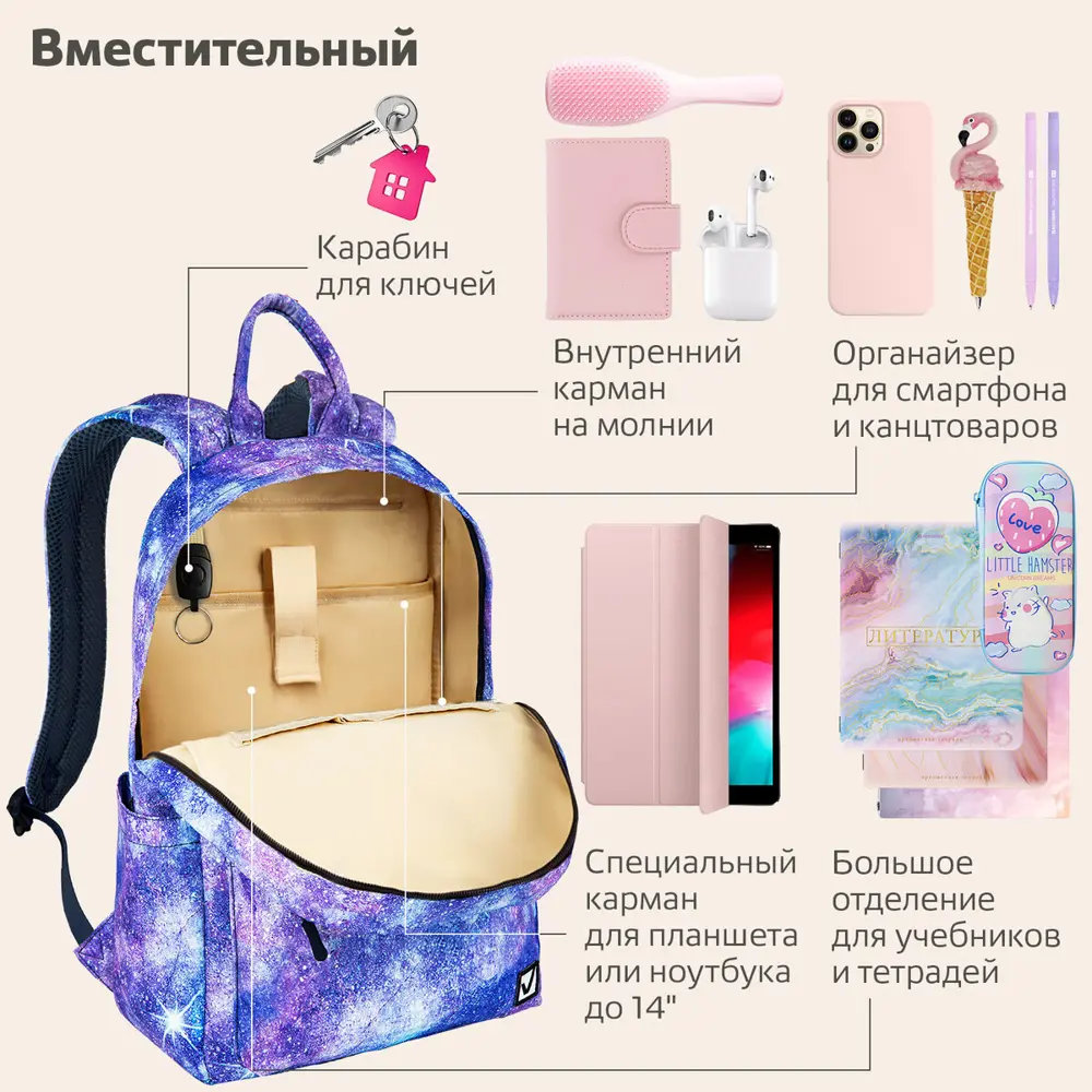Фото 3 Рюкзак Brauberg Galaxy 26x42x14 см полиэстер цвет розовый,голубой