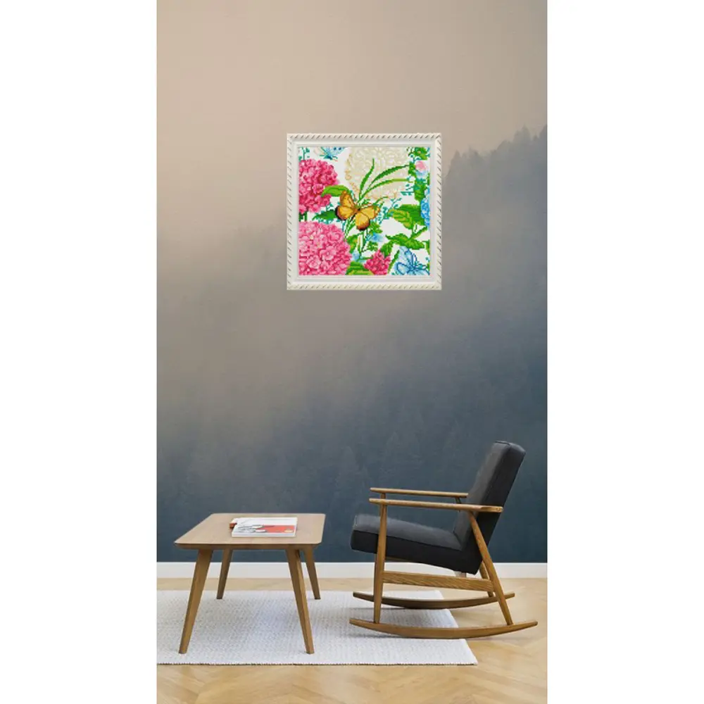 Фото 7 Алмазная мозаика на подрамнике Белоснежка Гортензии и бабочки 628-MT-S, 30x30 см