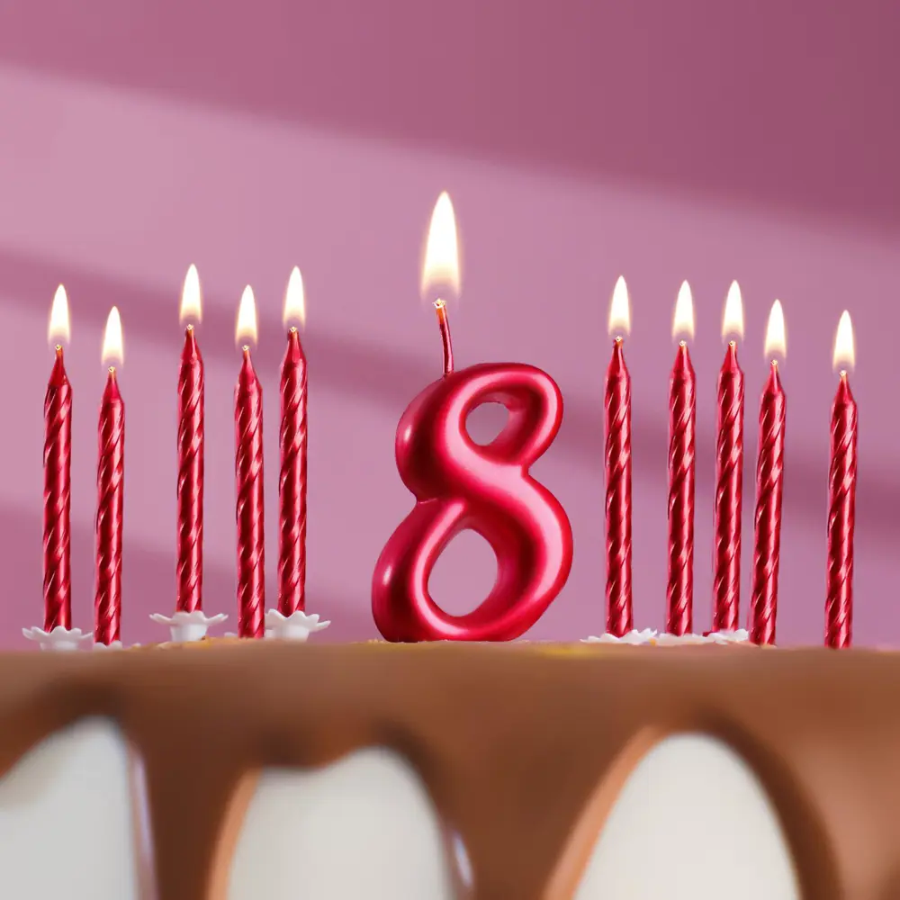 Фото 2 Набор свечей для торта (2 в 1) рубиновая Цифра "8"+Свечи "С Днём Рождения" рубин 10 шт Фото 2 Набор свечей для торта (2 в 1) рубиновая Цифра "8"+Свечи "С Днём Рождения" рубин 10 шт