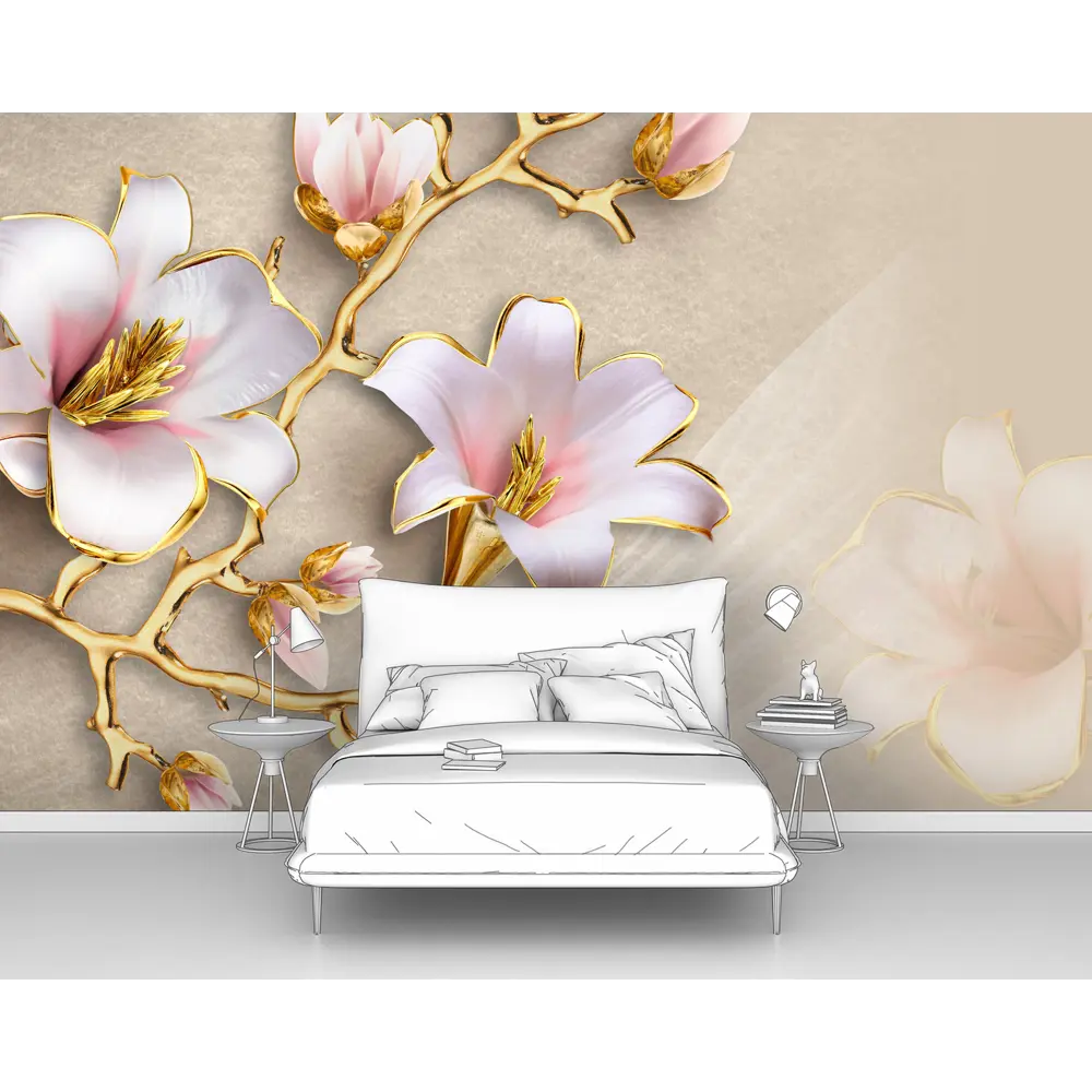 Фото Фотообои флизелиновые Первое ателье 300x190 см Цветы на ветке золотого цвета pw73825 Фото Фотообои флизелиновые Первое ателье 300x190 см Цветы на ветке золотого цвета pw73825