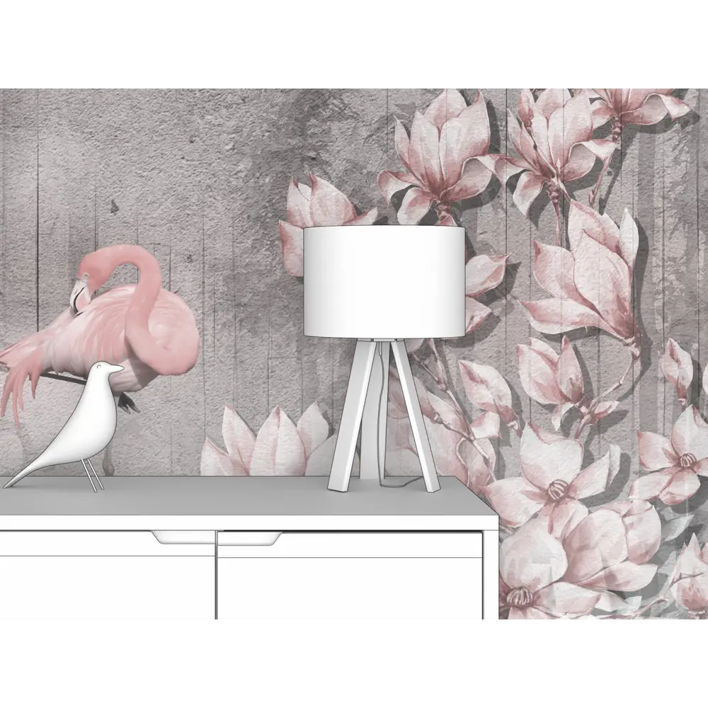 Фото 2 Фотообои флизелиновые Первое ателье 150x100 см Фламинго и цветущая магнолия на фоне старого забора pw94001-1 Фото 2 Фотообои флизелиновые Первое ателье 150x100 см Фламинго и цветущая магнолия на фоне старого забора pw94001-1
