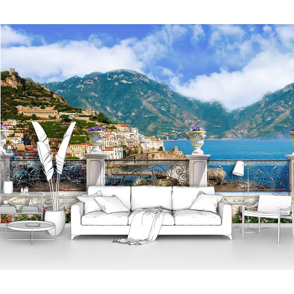 Фото Фотообои флизелиновые Первое ателье 400x270 см Терраса с видом на морскую бухту и средиземноморский город pw28659 Фото Фотообои флизелиновые Первое ателье 400x270 см Терраса с видом на морскую бухту и средиземноморский город pw28659