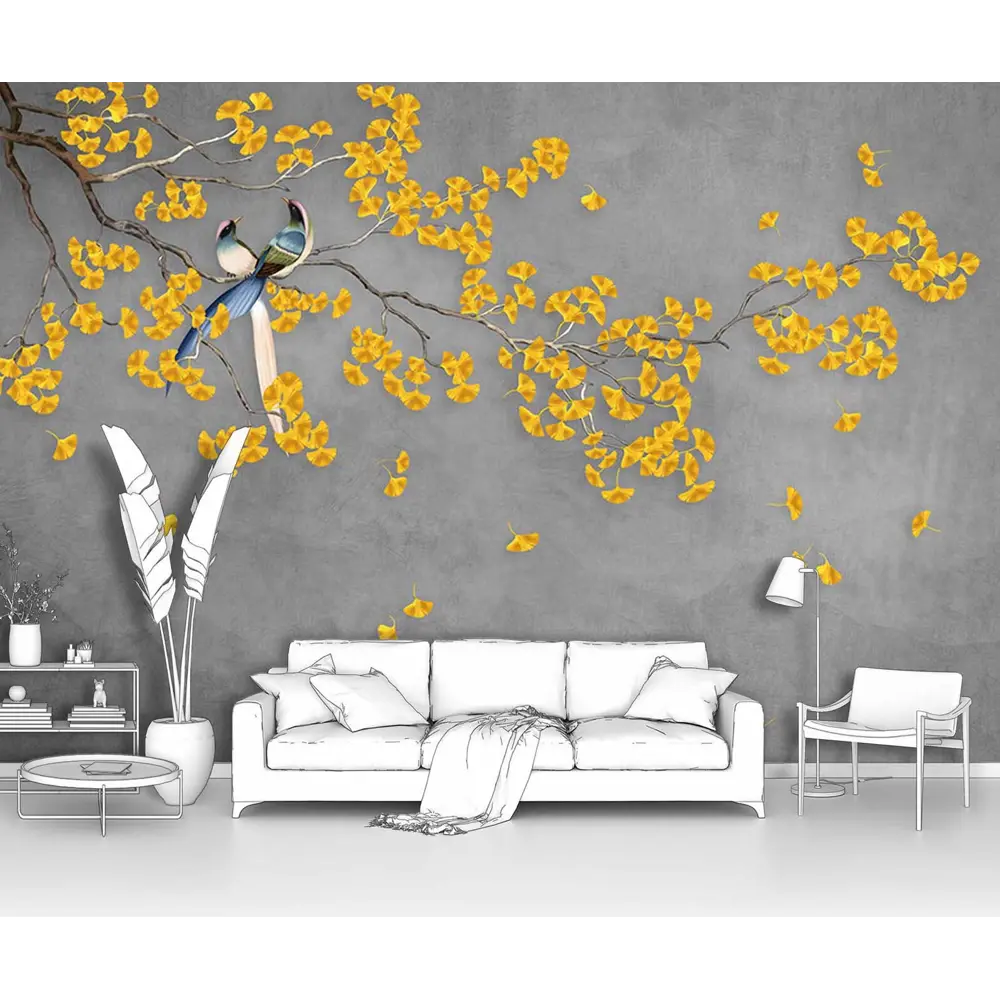 Фото Фотообои флизелиновые Первое ателье 150x100 см Желтая цветущая ветка с птицами pw96304-1 Фото Фотообои флизелиновые Первое ателье 150x100 см Желтая цветущая ветка с птицами pw96304-1