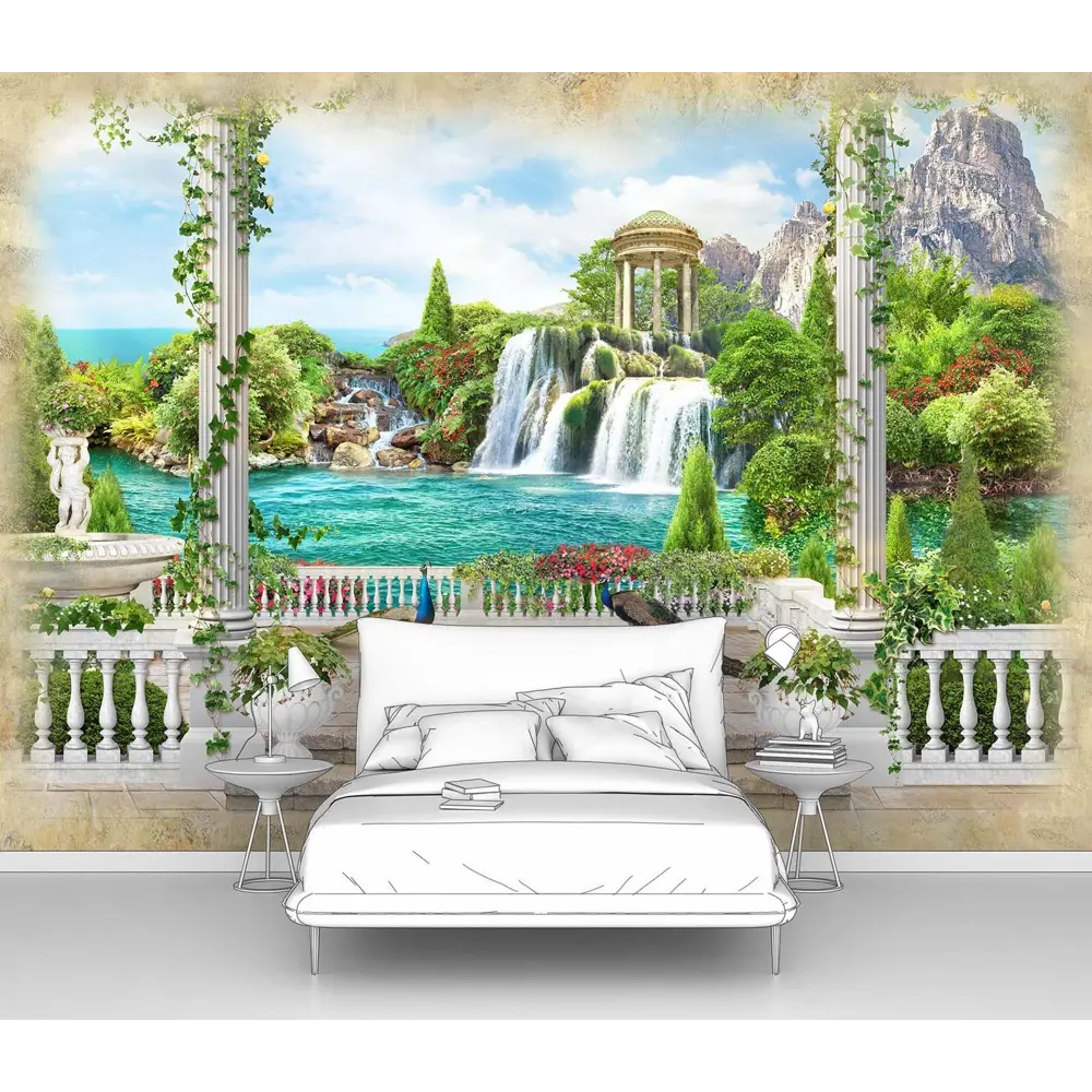 Фото Фотообои флизелиновые Первое ателье 200x145 см Вид на ротонду и водопад с павлинами pw94524-2 Фото Фотообои флизелиновые Первое ателье 200x145 см Вид на ротонду и водопад с павлинами pw94524-2