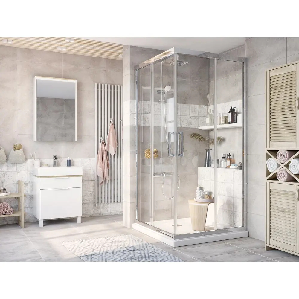 Фото 2 Душевой уголок Stworki 413141 прямой 100х100см хромированный профиль эффект стекла прозрачный