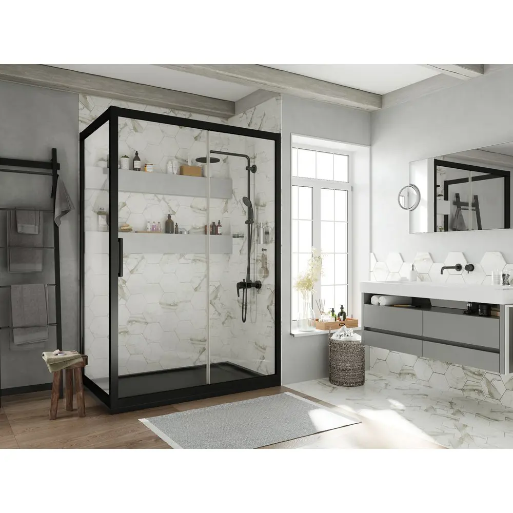 Фото 2 Душевой уголок Stworki 413889 прямой 120х80см черный профиль эффект стекла прозрачный Фото 2 Душевой уголок Stworki 413889 прямой 120х80см черный профиль эффект стекла прозрачный