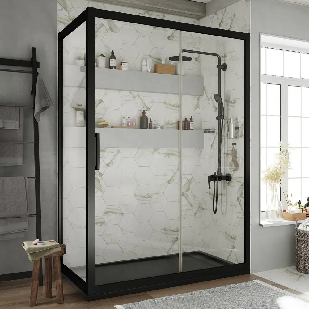 Фото Душевой уголок Stworki 413889 прямой 120х80см черный профиль эффект стекла прозрачный Фото Душевой уголок Stworki 413889 прямой 120х80см черный профиль эффект стекла прозрачный