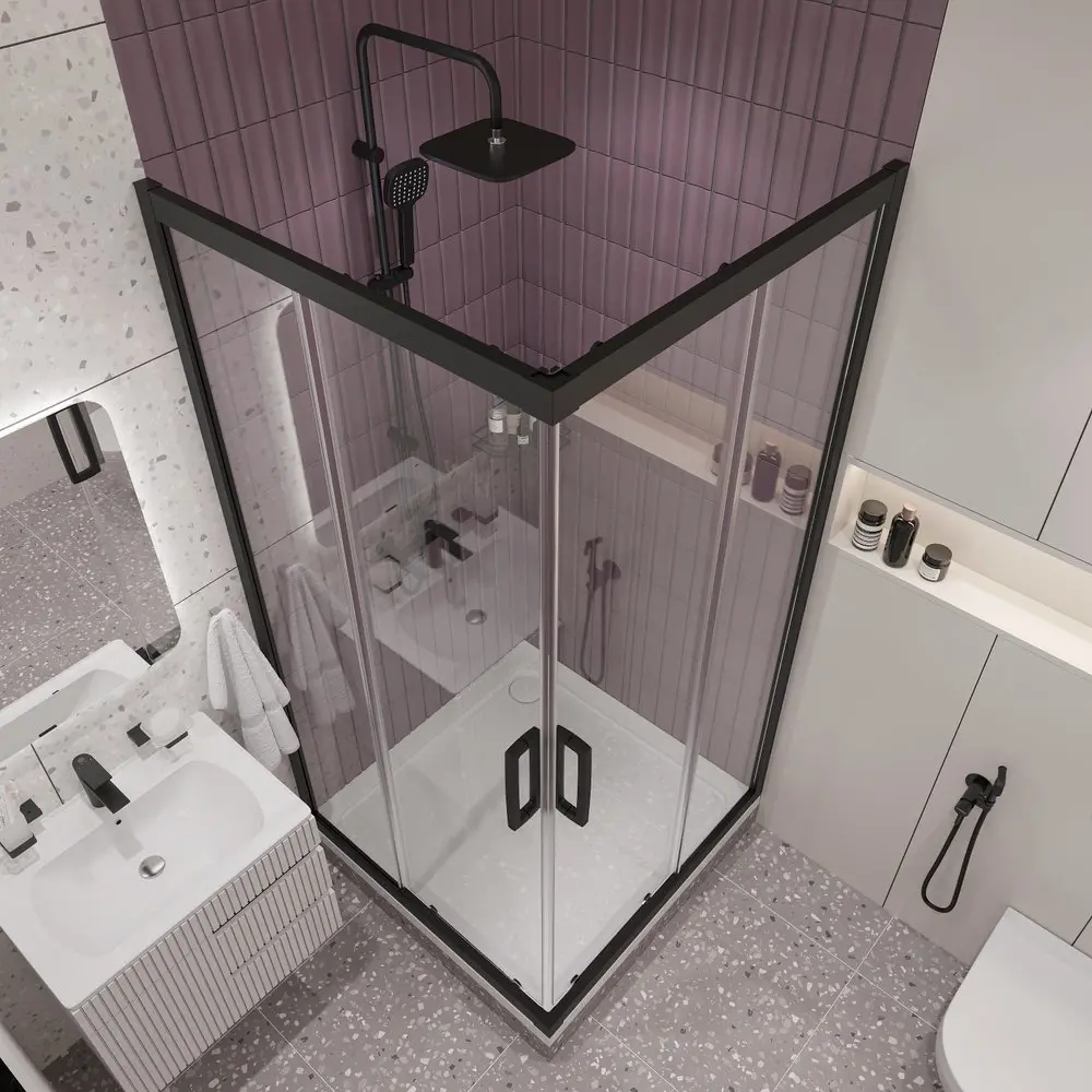 Фото 3 Душевой уголок Stworki 464900 прямой 100х100см черный профиль эффект стекла прозрачный Фото 3 Душевой уголок Stworki 464900 прямой 100х100см черный профиль эффект стекла прозрачный